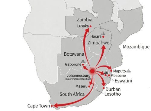 Cross-border shuttle map. Mlalazi-Courtesy-Transfer Services regional routes from OR Tambo and Johannesburg (Gauteng) to SADC countries: Zambia, Zimbabwe, Botswana, Lesotho, Mozambique, and Eswatini. Major cities shown: Lusaka, Harare, Gaborone, Maputo, and Cape Town.